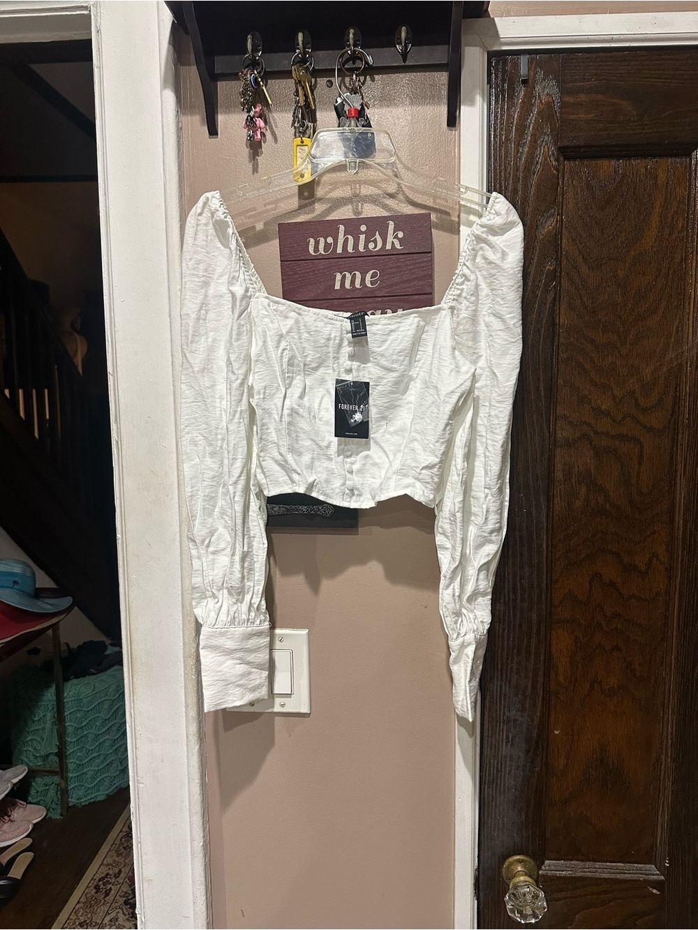 Forever 21 White Square-Neck Puff Sleeve Cropped Top